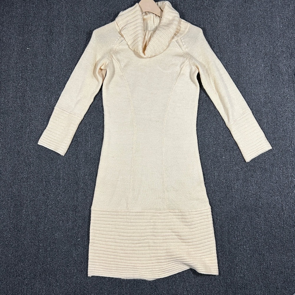 Bebe Sweater Dress Womens Large Creme Excellent 100% Wool Cowl Neck Long Sleeve